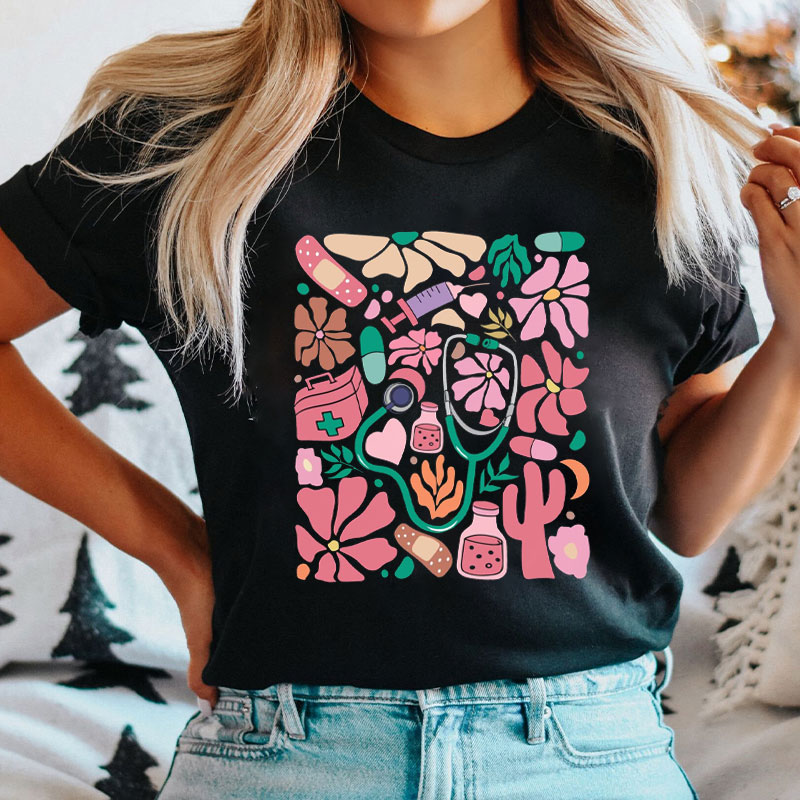 Retro Floral Stethoscope Nurse T-Shirt