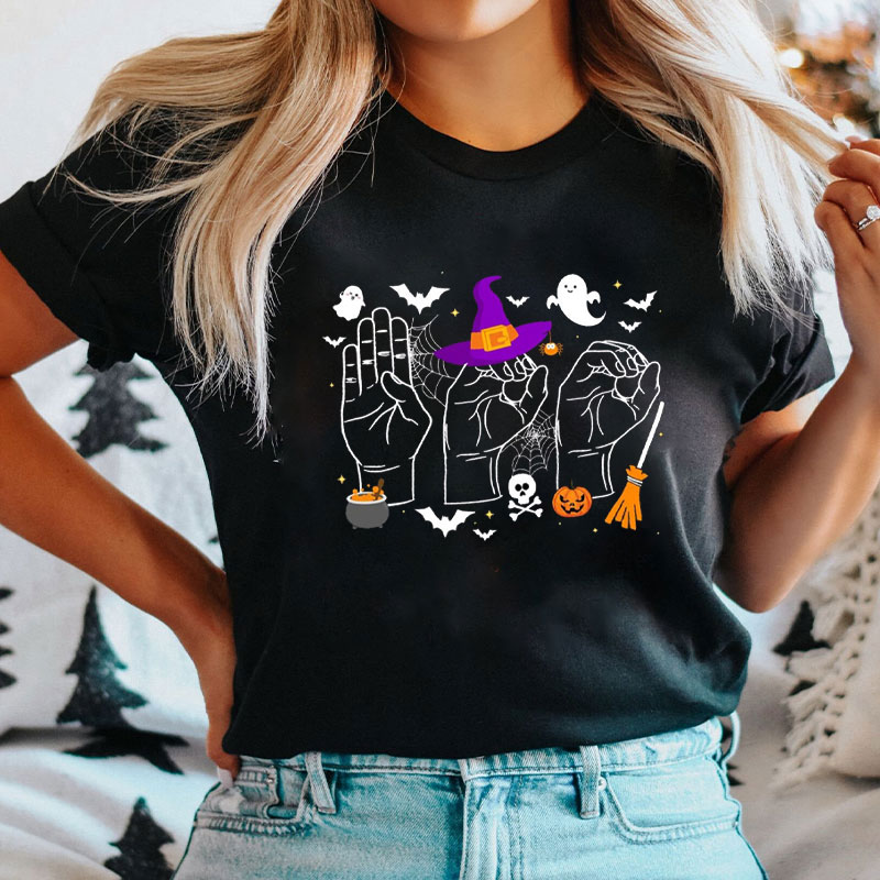 Halloween Hand Signs With Spooky T-Shirt