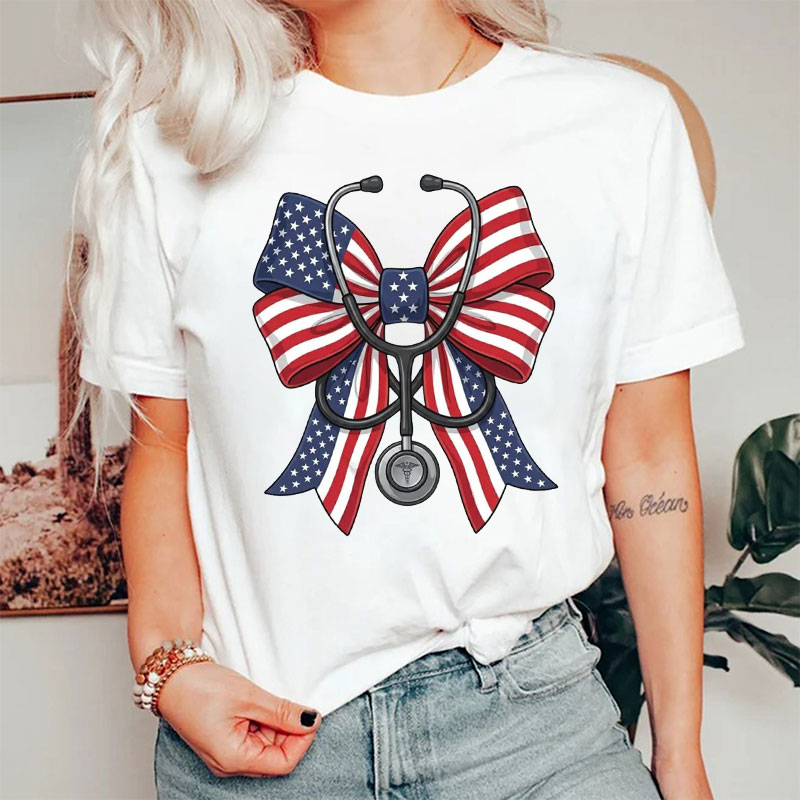 4th Of July American Flag Bow Stethoscope Nurse T-Shirt