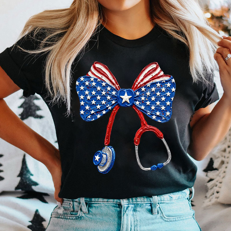 4th of July Patriotic Stethoscope Bow Nurse T-Shirt