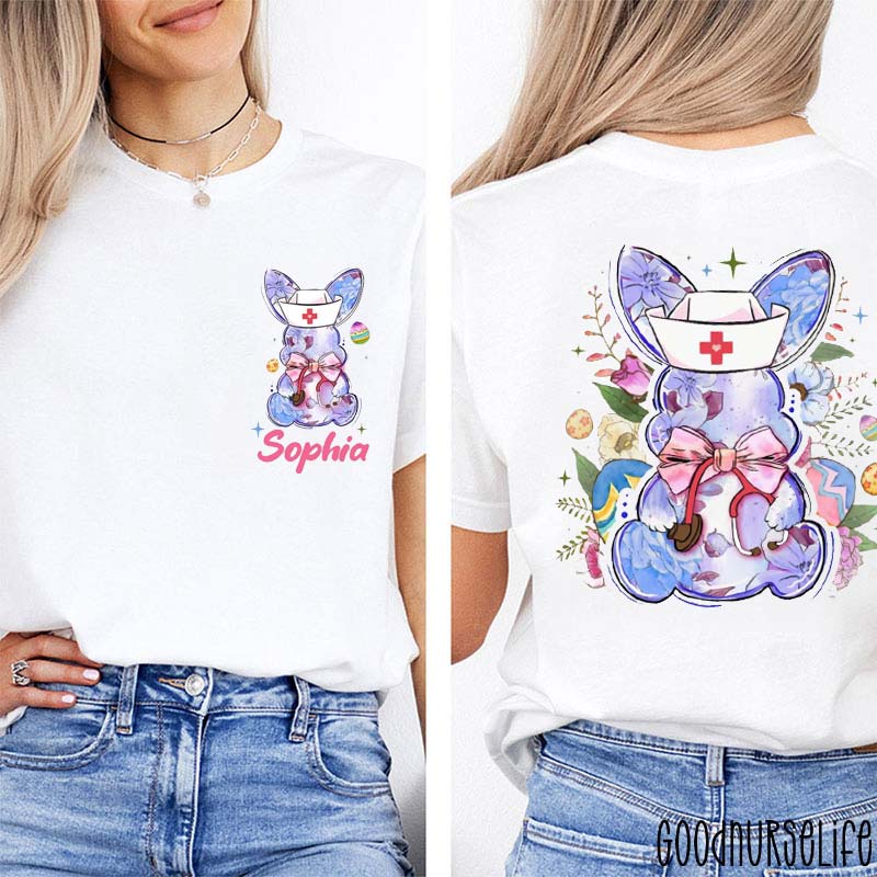 Personalized Floral Bunny Nurse Two Sided T-Shirt