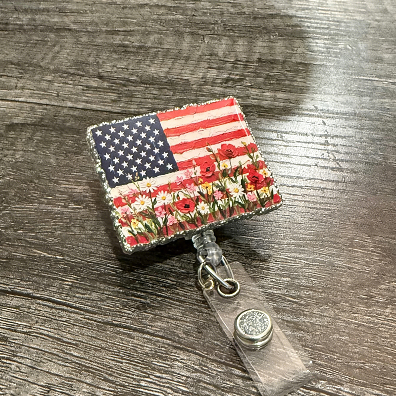 Patriotic Floral USA Flag Nurse Badge Reel