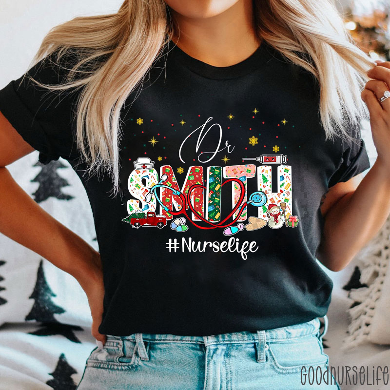 Personalized Name Cute Christmas Icons Letter Nurse T-shirt