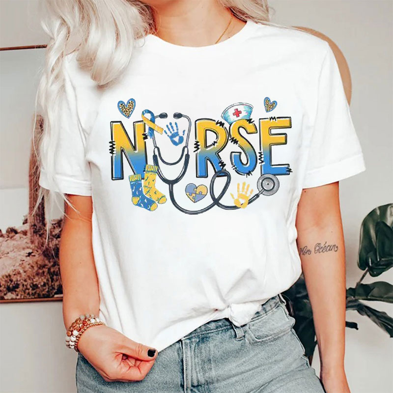 Yellow And Blue Style Down Syndrome Nurse T-shirt