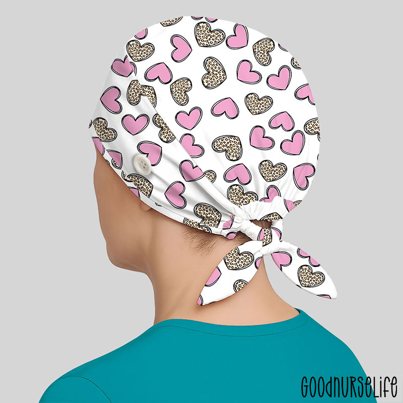 Cute Pink And Leopard Heart Nurse Scrub Cap