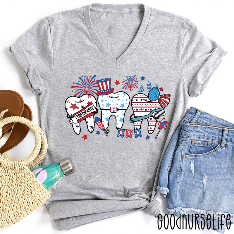 Tooth Celebrating The Fourth Of July Female V-Neck T-Shirt