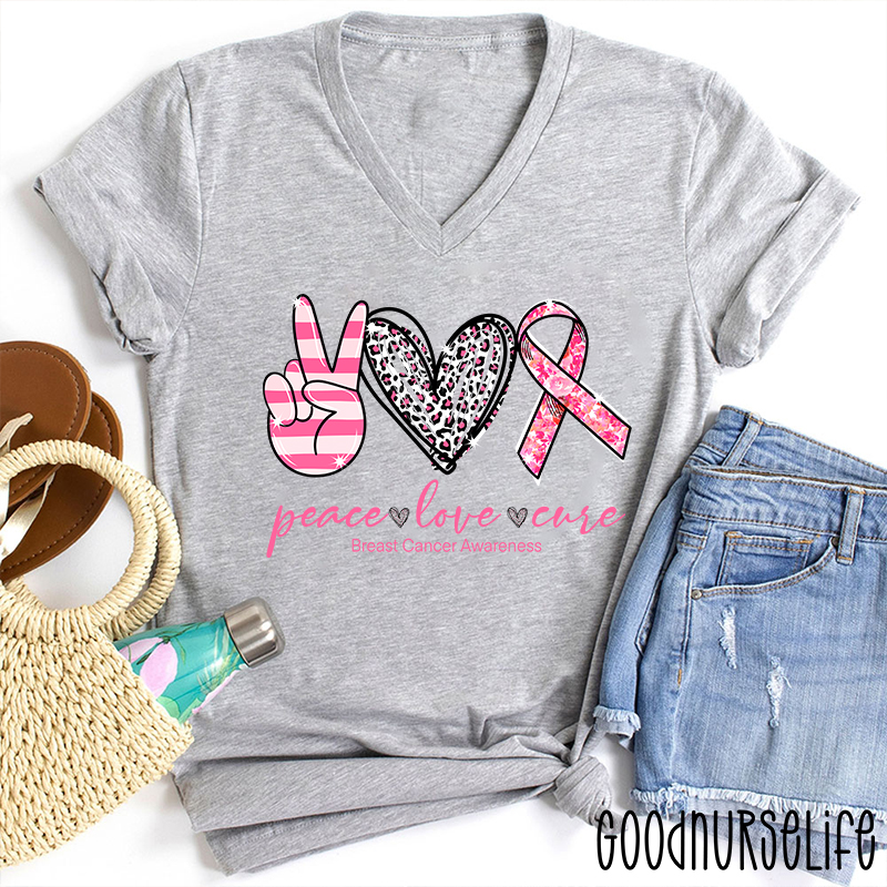 Heart Shape Peace Love Cure Breast Cancer Awareness Female V-Neck T-Shirt