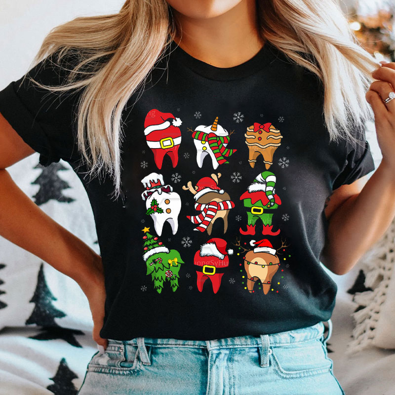 Christmas Tooth Characters Festive Dentistry T-Shirt
