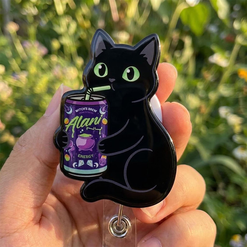 Black Cat Drinking energy drink Nurse Badge Reel