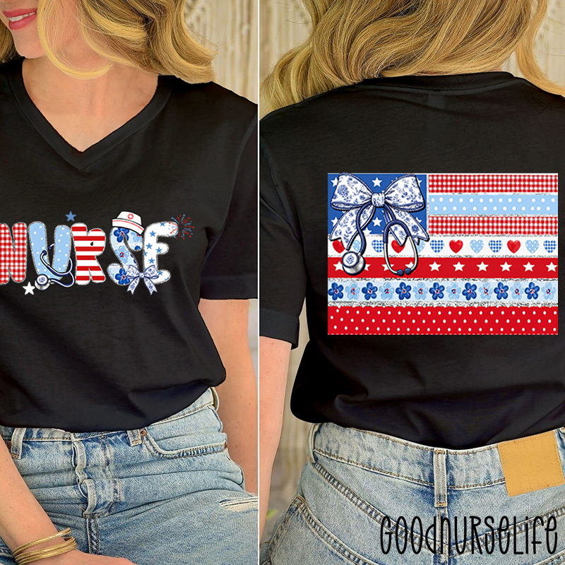 American Flag Floral Nurse Female V-Neck Two Sided T-Shirt