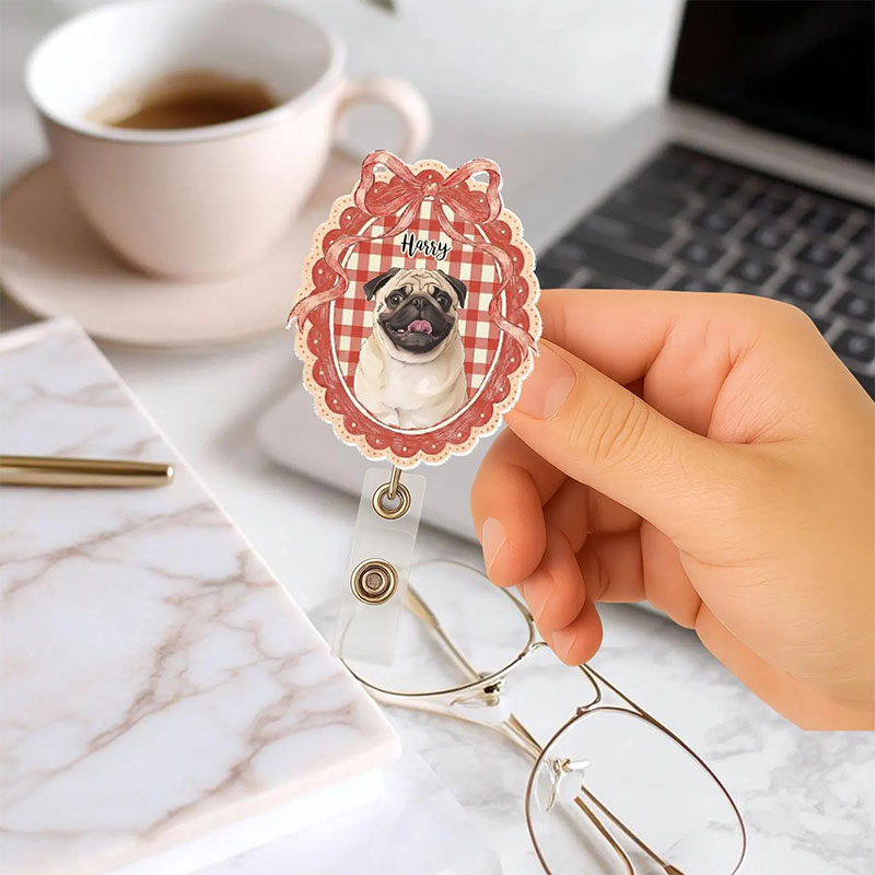 Personalized Pet Portrait Bow Badge Reel