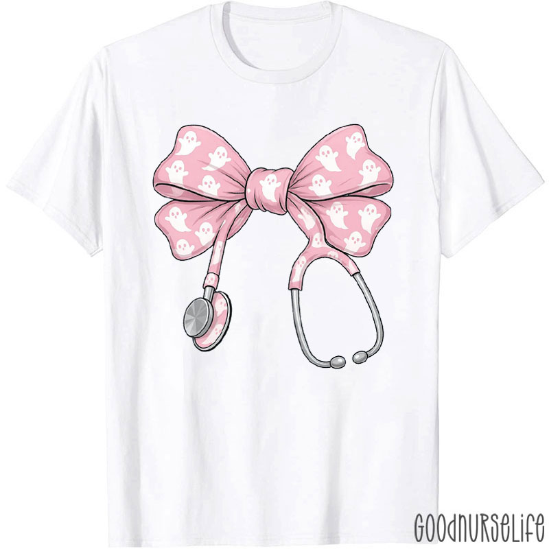 Pink With Ghost Bow Stethoscope Nurse T-Shirt
