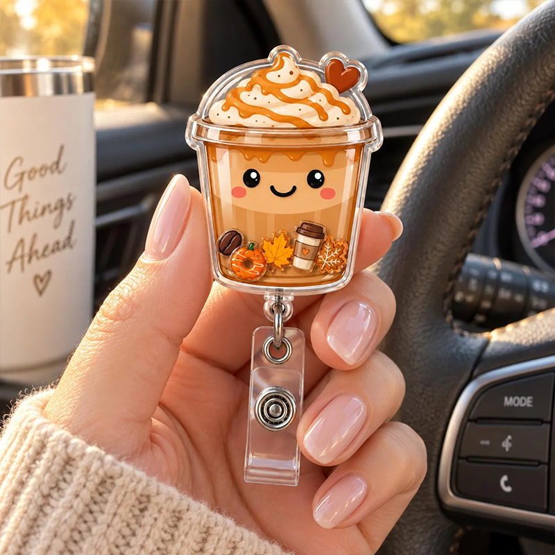 Cute Fall Latte Cup Shaker Badge Reel