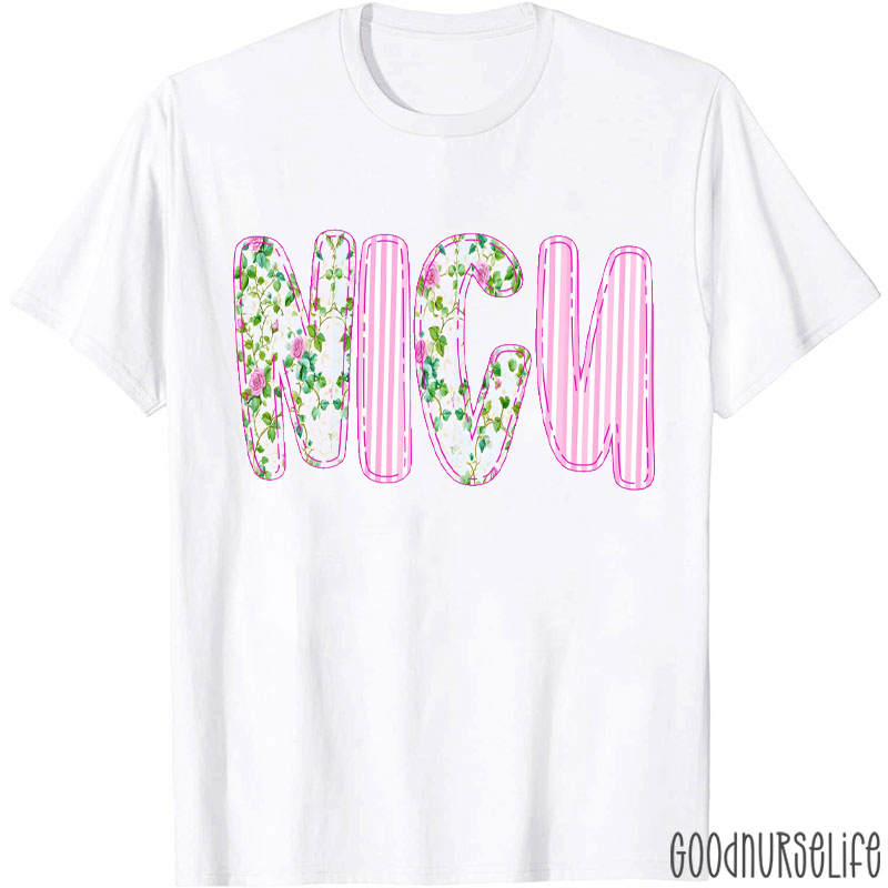 Personalized Pink Striped Floral Print Nurse T-Shirt
