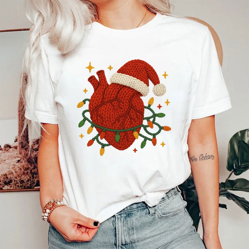 Faux Yarn Knitted Heart Santa Hat Holiday T-Shirt