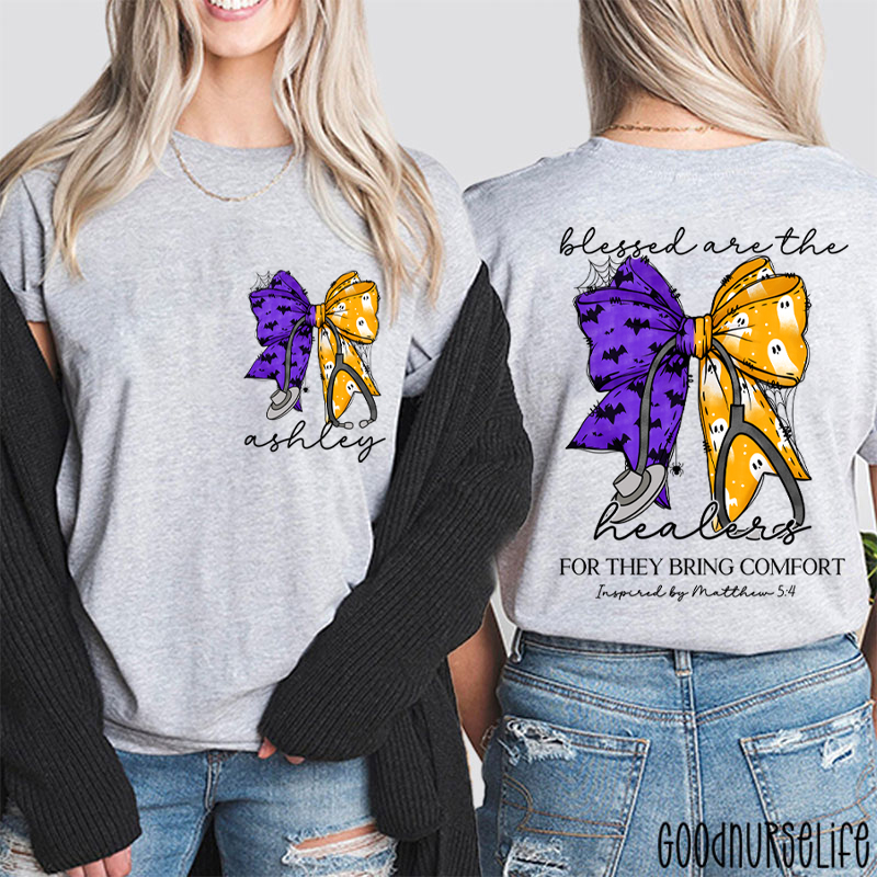 Personalized Halloween Bow Stethoscope Nurse Two Sided T‑Shirt