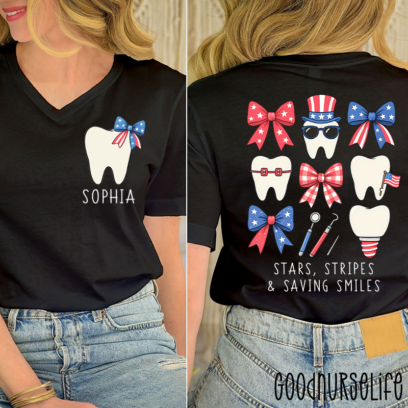 Personalized Stars Stripes & Saving Smiles Female V-Neck Two Sided T-Shirt