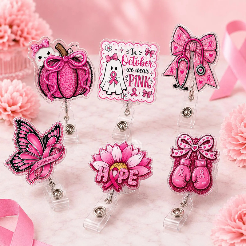 Pink Pumpkin Ghost Butterfly Flower Glitter Acrylic Retractable Badge Reel