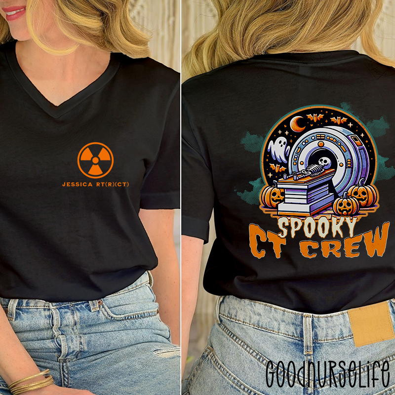 Personalized Halloween Radiology Spooky CT Crew Female V-Neck Two Sided T-Shirt