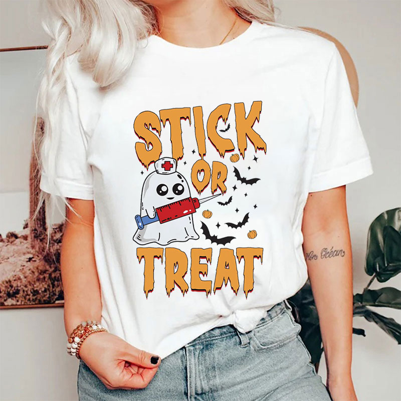 Halloween Ghost Stick Or Treat Fun Spooky Nurse T-Shirt