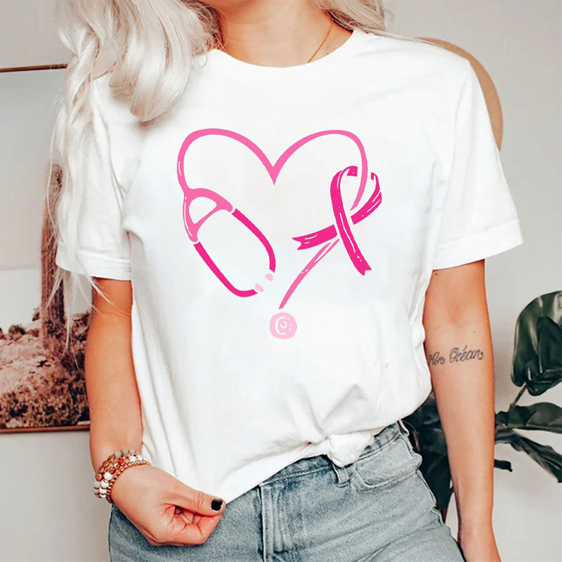 Breast Cancer Stethoscope And Ribbon Heart Nurse T-Shirt