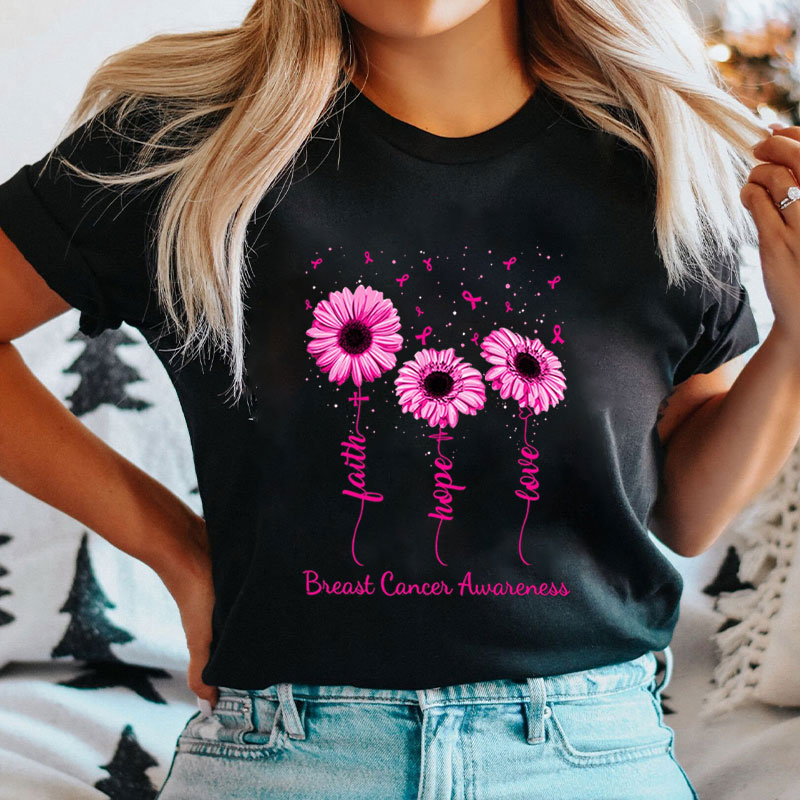 Faith Hope Love Breast Cancer Awareness Flowers Nurse T-Shirt