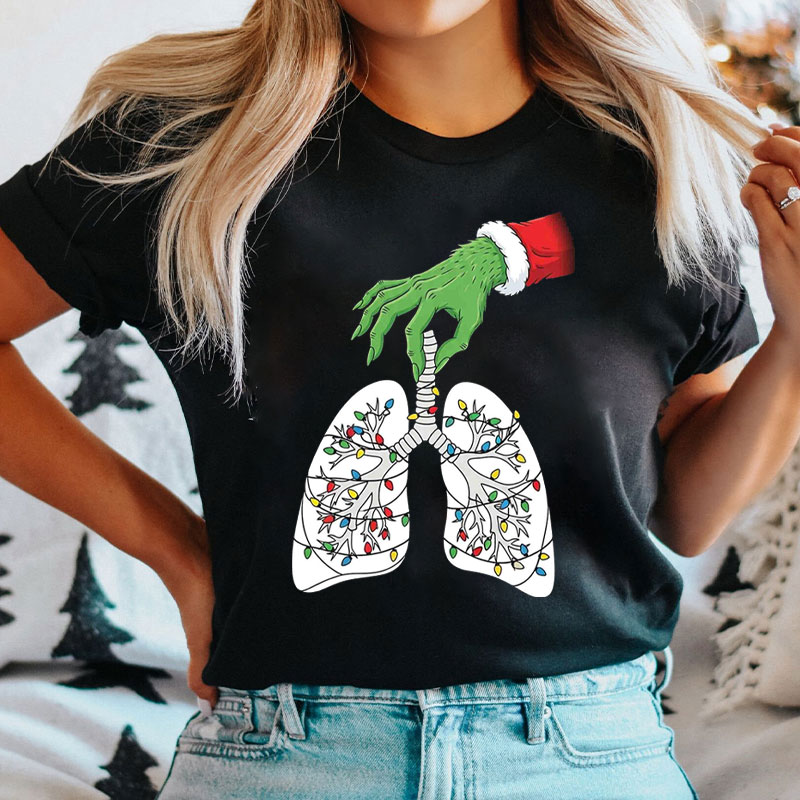 Hand With Lung Christmas Tree Lights T-Shirt