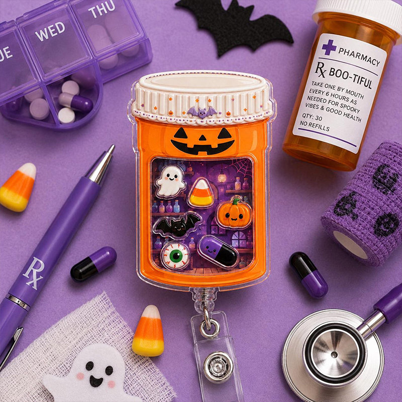 Halloween Pill Bottle Nurse Shaker Badge Reel