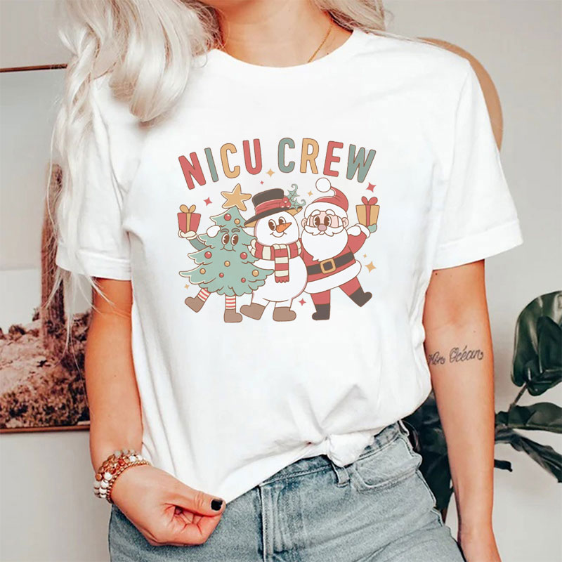 Christmas NICU Crew Santa Snowman And Tree Nurse T-Shirt