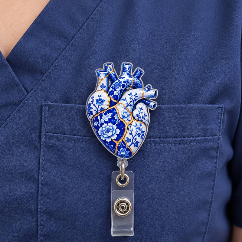 Blue And White Porcelain Style Heart Badge Reel