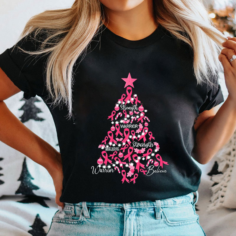 Breast Cancer Awareness Christmas Tree Strength And Warrior Nurse T-Shirt