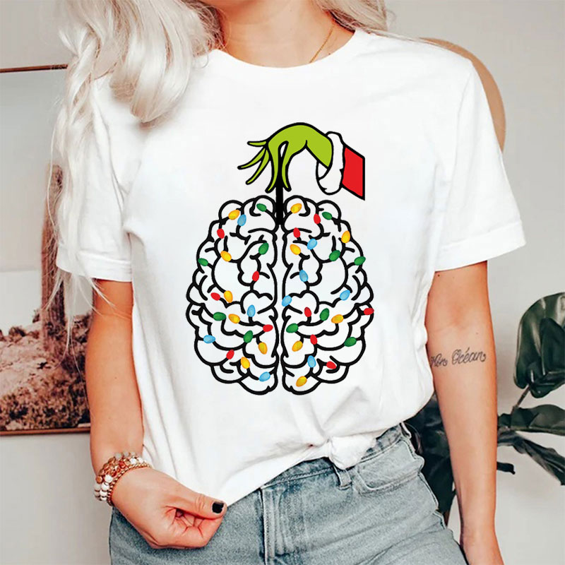 Festive Christmas Light Decorated Brain T-Shirt