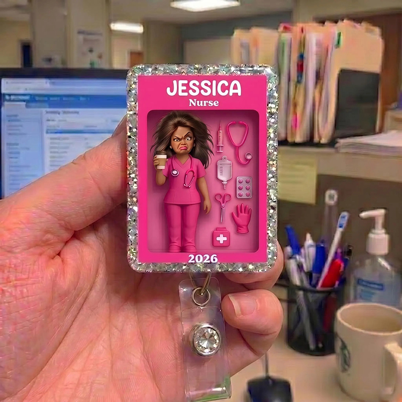 Personalized Funny Face Doll Nurse Badge Reel