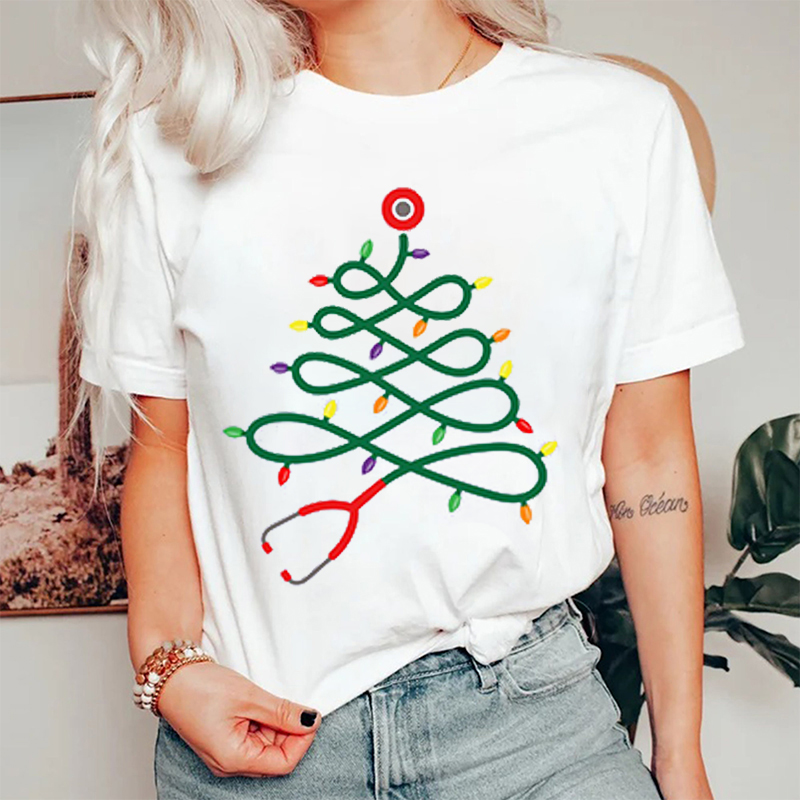 Stethoscope Christmas Tree Light Strip Nurse T-shirt