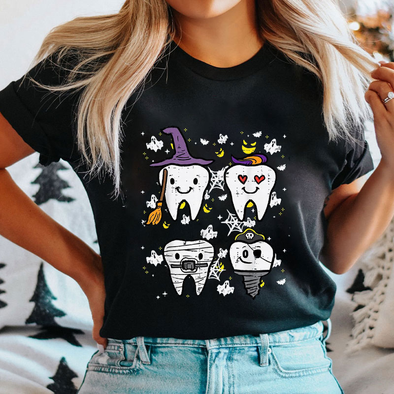 Halloween Dental Characters Witch Love Mummy Pirate Teeth T-Shirt