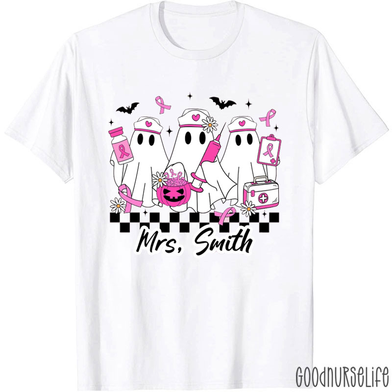Personalized Halloween Breast Cancer Ghost Checkerboard Pink Pumpkin T-Shirt