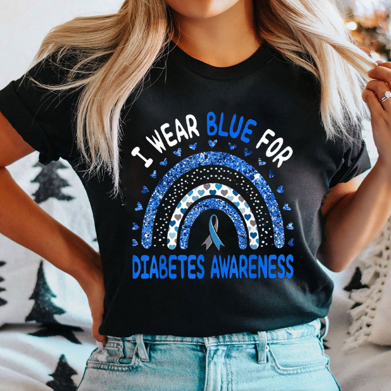 Wear Blue for Diabetes Awareness Glitter Rainbow Nurse T-Shirt