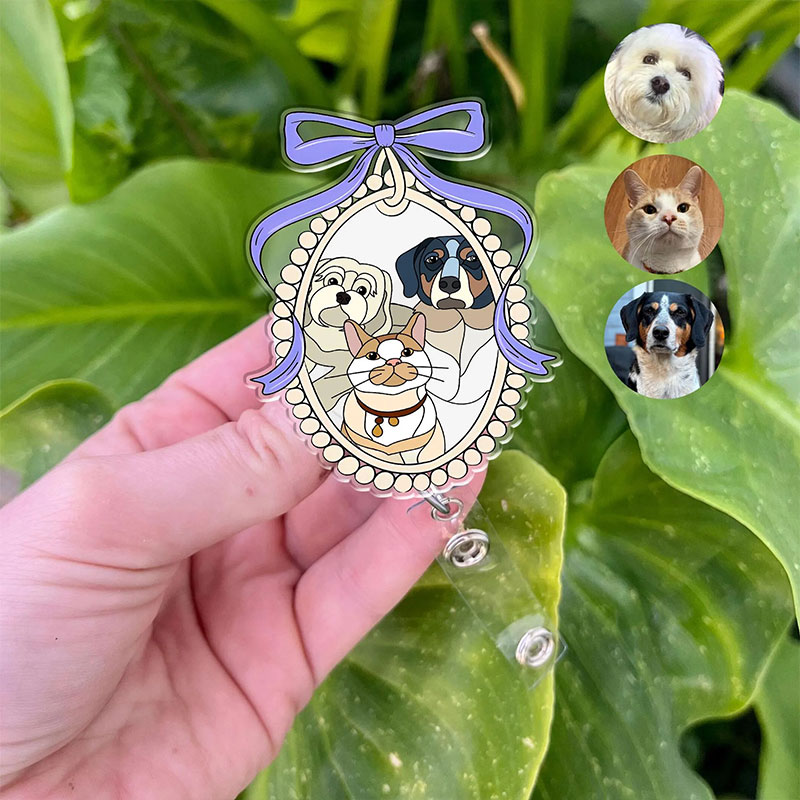 Personalized Vintage Bow Pet Portrait Acrylic Badge Reel