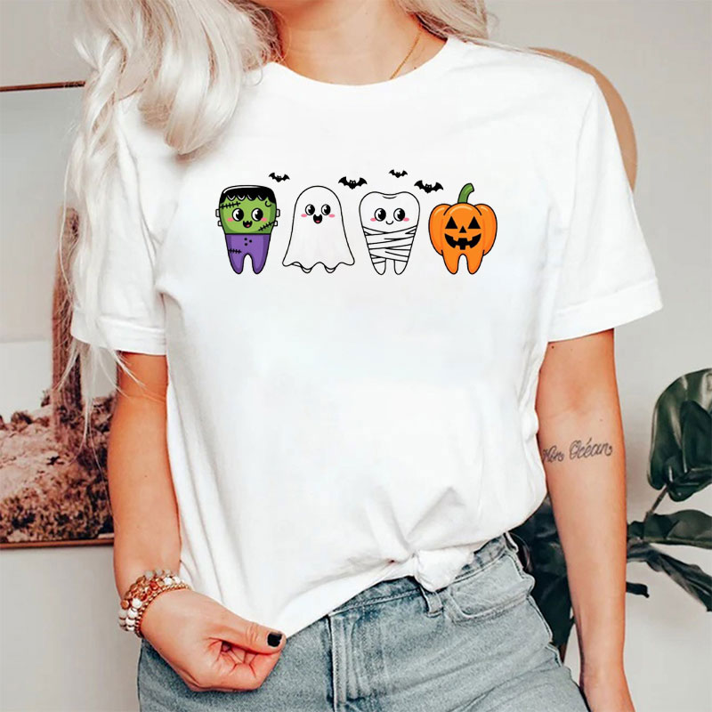Halloween Funny Teeth Ghost Pumpkin T-Shirt