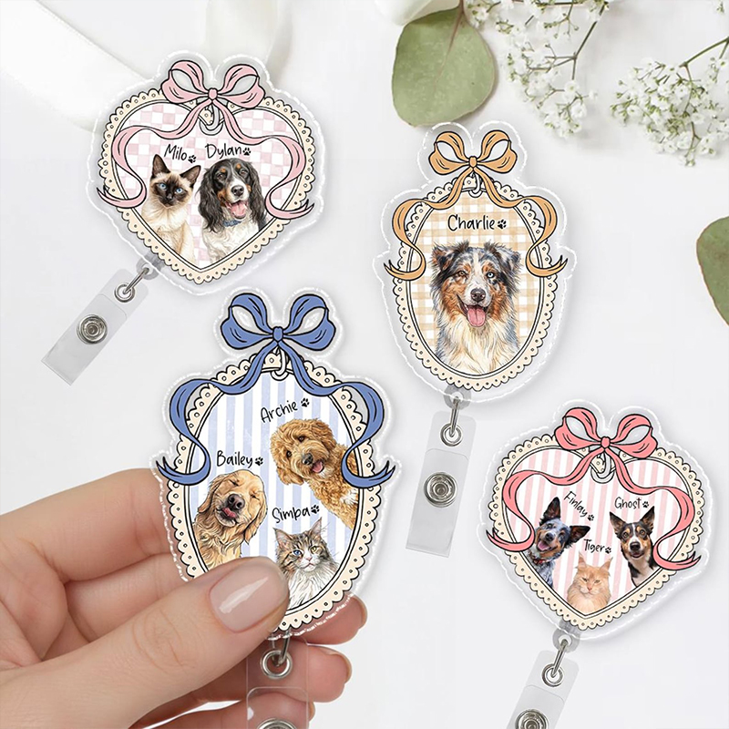 Personalized Coquette Bow Pet Photo Nurse Badge Reel