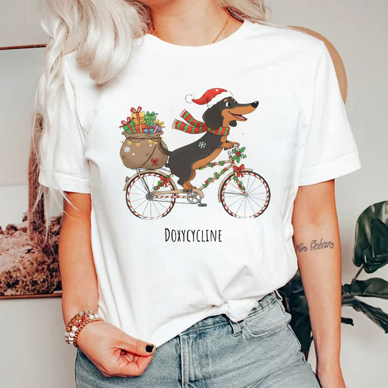 Festive Biking Wiener Dog With Gift Sack T-Shirt