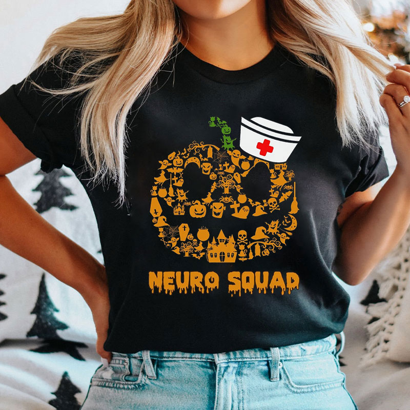 Halloween Neuro Squad Spooky Pumpkin And Nurse Hat Neurology Team T-Shirt