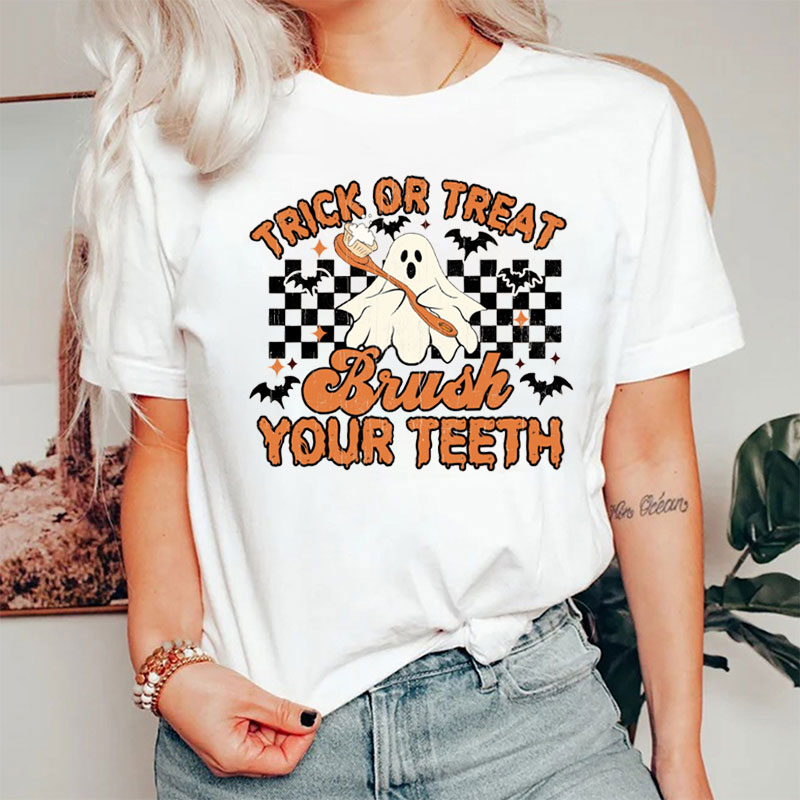 Brushing Teeth Funny Chessboard Ghost T-Shirt