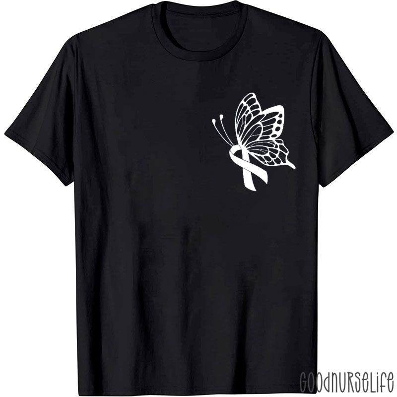 White Ribbon Butterfly Lung Cancer Awareness Nurse T-Shirt