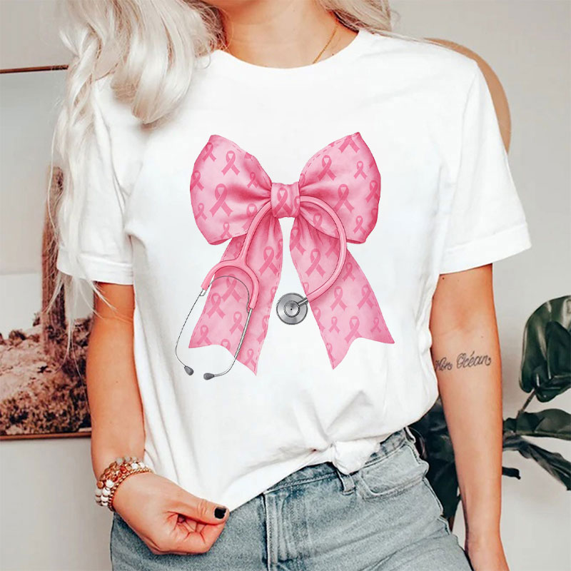 Breast Cancer Awareness Bow With Stethoscope Nurse T-Shirt