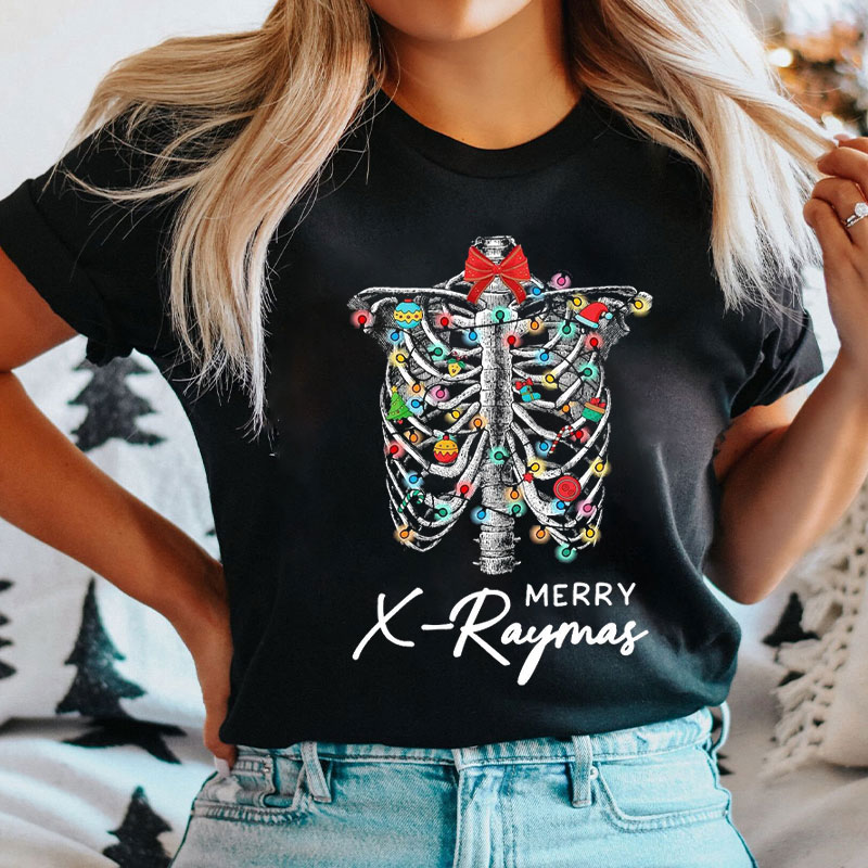 Merry X-Raymas Festive Ribcage With Christmas Lights And Ornaments T-Shirt