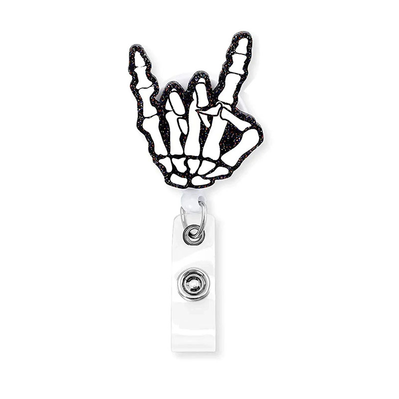 Black Glitter Skeleton Rock Hand Badge Reel