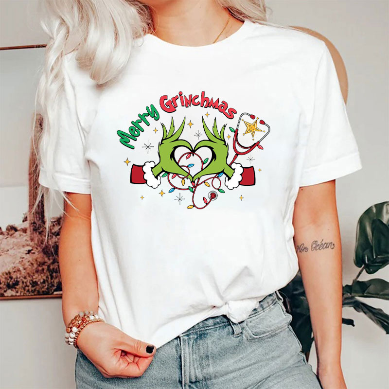 Merry Grinchmas Medical Heart Hands Nurse T-Shirt