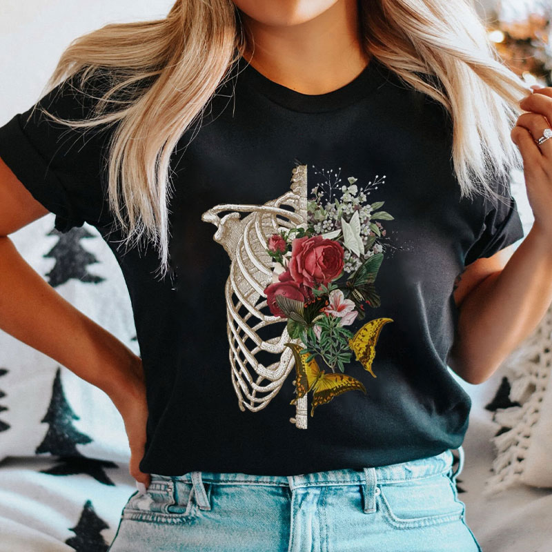 Skeletal Ribcage With Floral And Butterfly Nurse T-Shirt