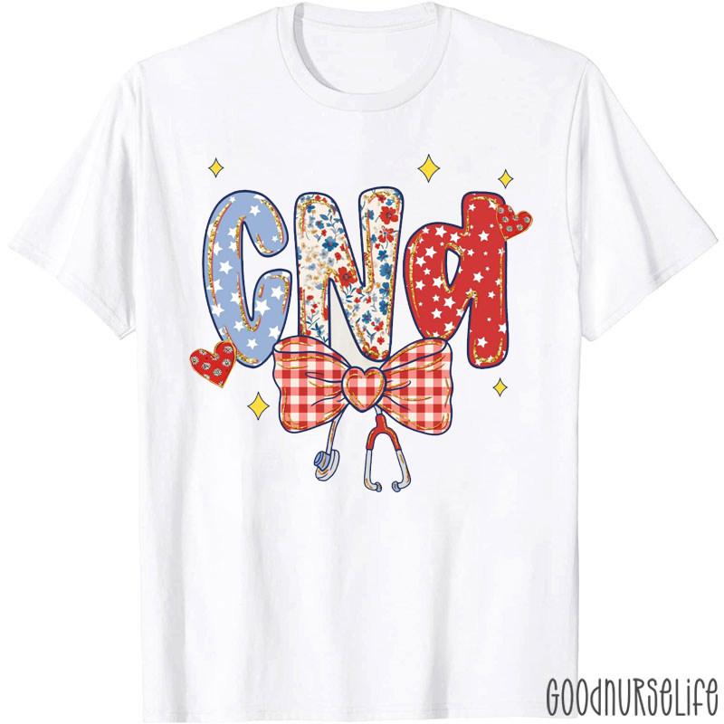 Personalized Red Plaid Bow Patriotic Nurse T-Shirt